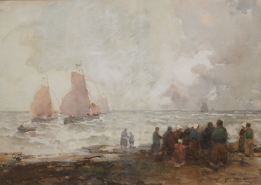 John Terris (Scottish, 1865-1914), watercolour, Dutch fisherfolk on a beach, signed, label verso, 37 x 53cm. Condition - fair